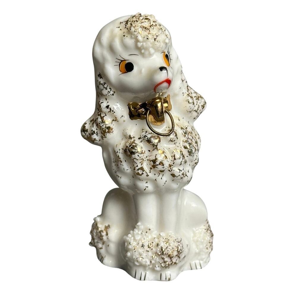Vintage 1950s spaghetti poodle miniature figurine gold accents 3.25” collar